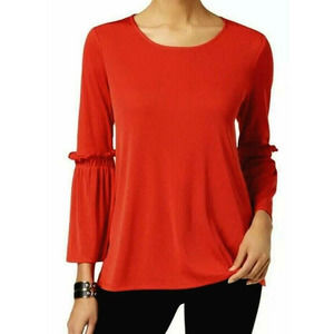 Alfani Bell Sleeve Ruffle Trim Tunic Rib Knit Crayon Red Office Casual Top